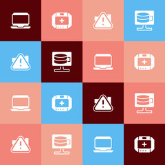 Set pop art Laptop, First aid kit, Exclamation mark in triangle and Cloud database icon. Vector