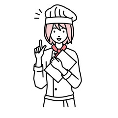 立って書類を手に持って何かひらめいた調理師の女性