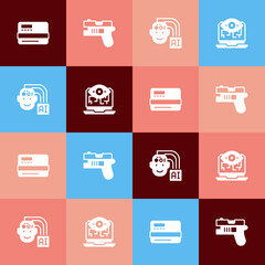 Set pop art Credit card, Futuristic weapon, Humanoid robot and Computer vision icon. Vector