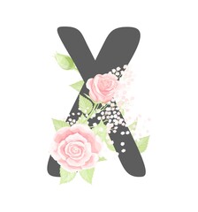 Vector floral alphabet letter X with pink cream rose flowers and green leaves