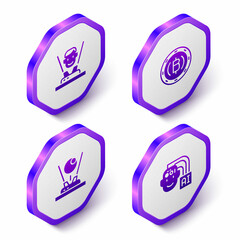 Set Isometric Hologram, Cryptocurrency coin Bitcoin, and Humanoid robot icon. Purple hexagon button. Vector