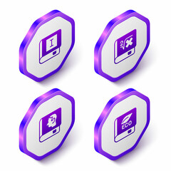 Set Isometric Book, with mathematics, Law book and about ecology icon. Purple hexagon button. Vector