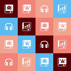 Set pop art Photo album gallery, Ancient magic book, Headphones and Financial icon. Vector