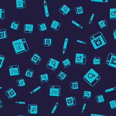 Set Translator book, User manual, Pencil with eraser and Book about women on seamless pattern. Vector