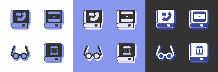 Fototapeta premium Set Law book, Phone, Glasses and Book about cinema icon. Vector