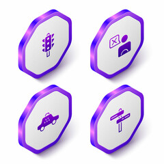 Set Isometric Traffic light, Taxi driver, car and Road traffic sign icon. Purple hexagon button. Vector