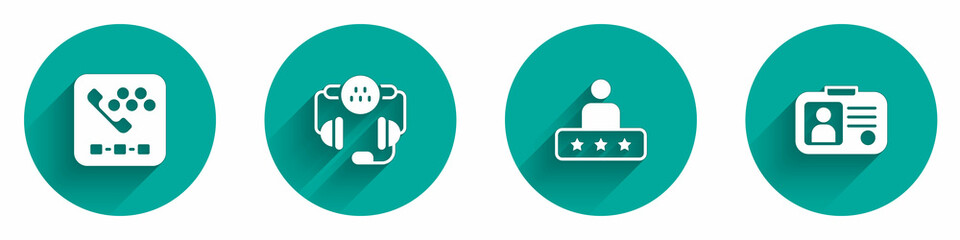 Set Taxi call telephone service, rating and driver license icon with long shadow. Vector