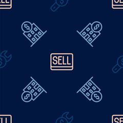 Set line Repair price, Bank building and Sell button on seamless pattern. Vector