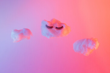 cloud with pink and blue neon lights. surrealism futuristic abstract modern art. creative concept. minimalism. copyspace.