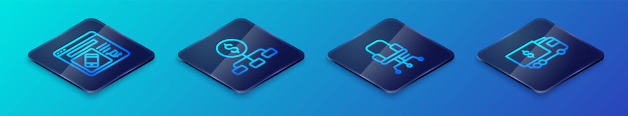 Set Isometric line Office chair, Online shopping on screen, Armored truck and Hierarchy with dollar icon. Vector