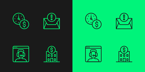 Set line Bank building, Telephone 24 hours support, Time is money and Envelope icon. Vector