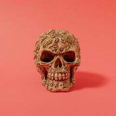 Halloween skull with shadows against pastel pink background. modern abstract art. modern concept. minimalism.