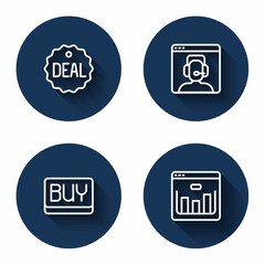 Set line Deal, Telephone 24 hours support, Buy button and Browser with stocks market with long shadow. Blue circle button. Vector