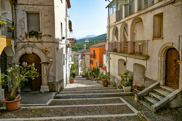 A narrow street in Carpinone, a medieval town of Molise region, Italy.
