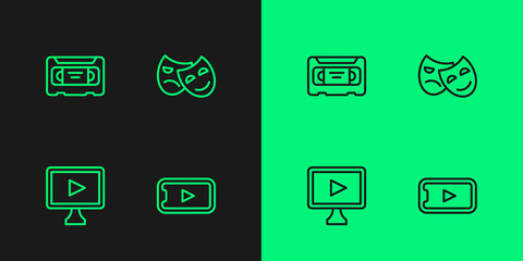 Set line Online play video, VHS cassette tape and Comedy and tragedy masks icon. Vector
