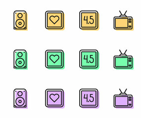 Set line Rating movie, Stereo speaker, Like heart and Retro tv icon. Vector