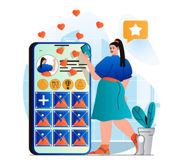 Social network concept in modern flat design. Woman has personal blog on social media, publishes posts with photos and shares information with followers. Online communication. Vector illustration