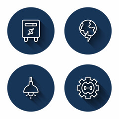 Set line Electric meter, Global planet with thunderbolt, Lamp hanging and Electrical outlet with long shadow. Blue circle button. Vector