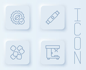 Set line Medal for coffee, Sugar stick packets, cubes and Coffee machine. White square button. Vector