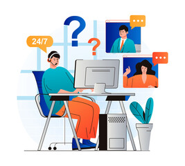 Virtual assistant concept in modern flat design. Man operator with headphones advises and helps clients around the clock using video calls at computer. Customer support service. Vector illustration