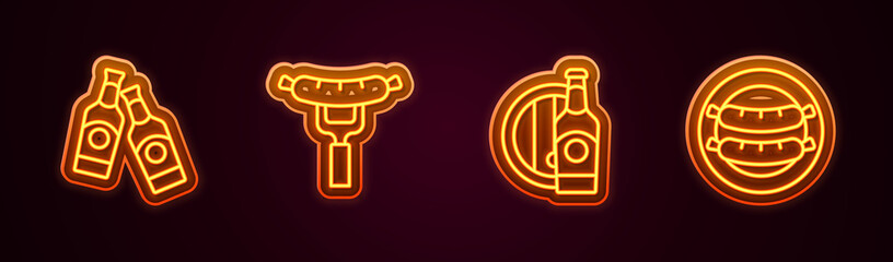 Obraz premium Set line Beer bottle, Sausage on the fork, and wooden barrel and . Glowing neon icon. Vector
