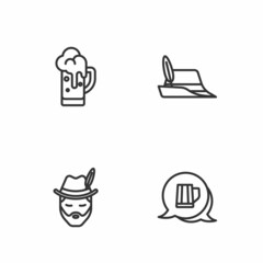 Set line Wooden beer mug, Oktoberfest man, Glass of and hat icon. Vector