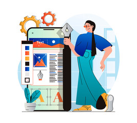 Web design concept in modern flat design. Woman designer creates interface layout of mobile application, places graphic elements and works with color, optimized webpage code. Vector illustration