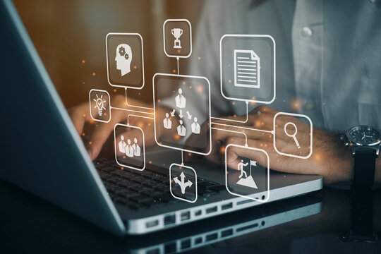 Businessman using a computer to Meeting banner web icon for appointment and convoke, Topic, purpose, brainstorm, communication, discussion, video conference and conclusion.