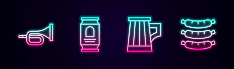 Set line Trumpet, Beer can, Wooden beer mug and Sausage. Glowing neon icon. Vector