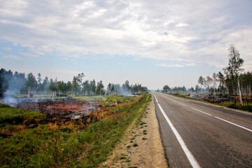 Taiga of Siberia and the Far East, Russia. Fire in the forest. Smoke and open fire. Control when pale dry grass