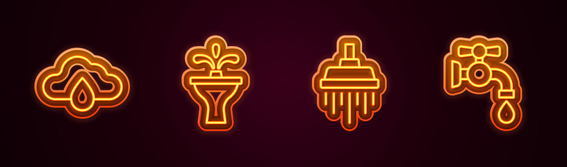Set line Cloud with rain, Fountain, Shower and Water tap. Glowing neon icon. Vector