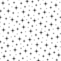 Seamless ornament with black shining stars and sparkles on white background.