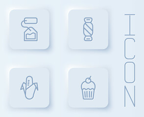 Set line Tea bag, Candy, Corn and Muffin. White square button. Vector