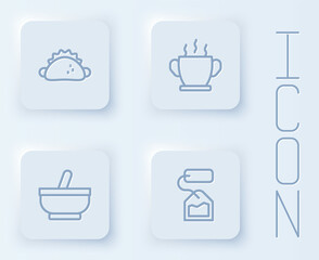 Set line Taco with tortilla, Bowl of hot soup, Mortar and pestle and Tea bag. White square button. Vector