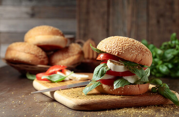 Sandwich with mozzarella, tomatoes, and basil.