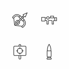 Set line Bullet, Target sport, Medieval bow and arrow and Sniper optical sight icon. Vector