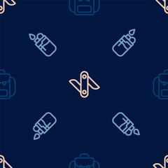 Set line Hiking backpack, Lighter and Swiss army knife on seamless pattern. Vector