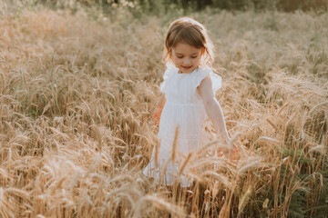 Naklejka na ściany i meble Adorable little blonde girl in a hat and a white linen dress, standing on a wheat field and touching the ears of wheat with her hands. Baby outdoor enjoying nature wheat field. High quality photo
