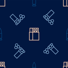 Obraz premium Set line Bullet, Cartridges and Open matchbox and matches on seamless pattern. Vector