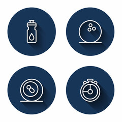 Set line Fitness shaker, Bowling ball, Billiard pool snooker and Stopwatch with long shadow. Blue circle button. Vector
