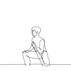 Men Training With Resistance Bands - one line drawing. Sitting Stretching with Resistance Bands