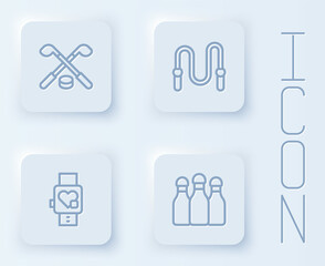 Set line Ice hockey sticks and puck, Jump rope, Smart watch with heart and Bowling pin. White square button. Vector