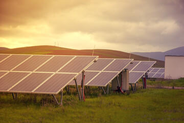 Energy storage system. Photovoltaics solar panels in power station, alternative energy from the sun...