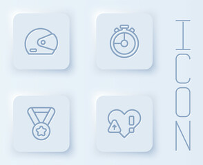 Set line Racing helmet, Stopwatch, Medal and Heart rate. White square button. Vector