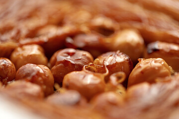 Close up of Turkish Baklava dessert with honey and nuts