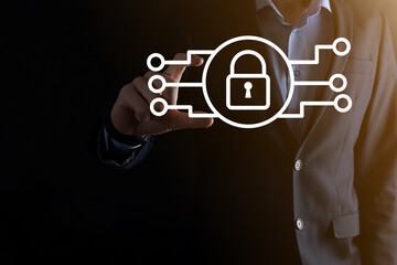 Cyber security network. Padlock icon and internet technology networking. Businessman protecting data personal information on tablet and virtual interface. Data protection privacy concept. GDPR. EU