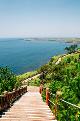 Songaksan Mountain trail with sea in Jeju Island, Korea