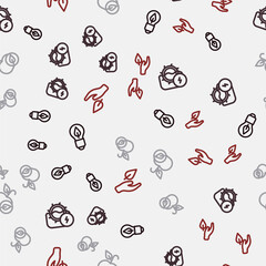 Set line Light bulb with leaf, Water mill, Apple and Leaf in hand on seamless pattern. Vector
