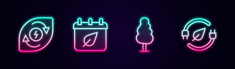 Set line Water energy, Calendar with autumn leaves, Tree and Electric saving plug in leaf. Glowing neon icon. Vector