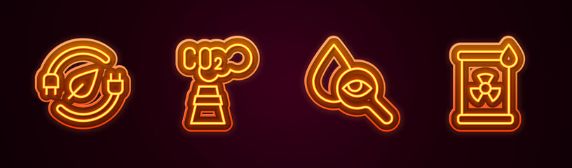 Set line Electric saving plug in leaf, CO2 emissions cloud, Drop and magnifying glass and Radioactive waste barrel. Glowing neon icon. Vector